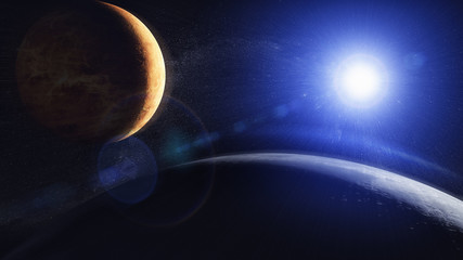 Weltall mit Sonne und Planeten (Jupiter, Pluto, Erde)