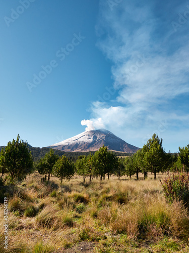 Zdjęcie XXL Dym wypływa z wulkanu Popocatepetl widziany z Parku Narodowego Itza-Popo w Meksyku