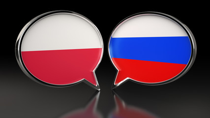 Poland and Russia flags with Speech Bubbles. 3D illustration