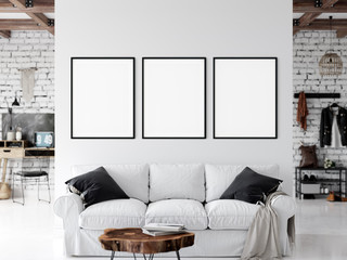 Frame mockup. Living room interior wall mockup. Wall art. 3d rendering, 3d illustration.