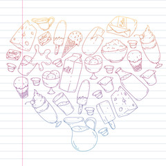 Dairy products. Doodle icons. Diet, breakfast. Milk, yogurt, cheese, ice cream, butter. Eat fresh healthy food and be happy.