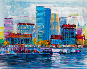 Abstract painting of urban skyscrapers.