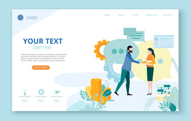 Landing page for site or web page template for business projects with people, icons, diagrams and space for text on white background.