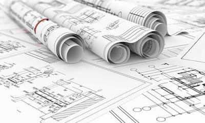 construction blueprints in rolls 3d illustration