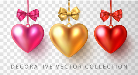 Gold, red and pink 3d hearts with satin bow isolated on transparent background for St. Valentine's Day.