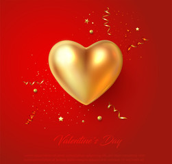 Red card with gold 3d heart and confetti for St. Valentine's Day.