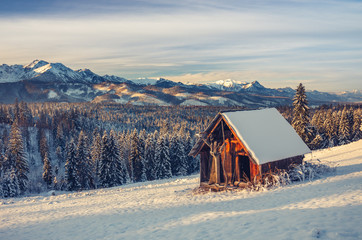 Sunny winter morning in snowy Tatra mountains