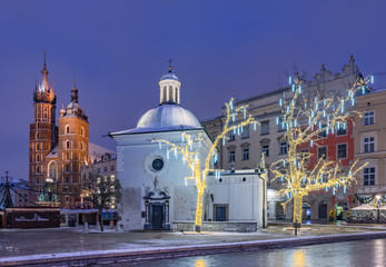 Krakow, Poland, Main Market Square and Christmas decoration, winter night