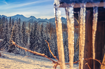 Icicles on wooden roof, Tatra mountains at winter morning