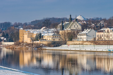 Krakow, Poland, winter landscape of Vistula river and Norbertine sisters monastery