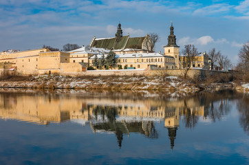 Krakow, Poland, winter landscape of Vistula river and Norbertine sisters monastery