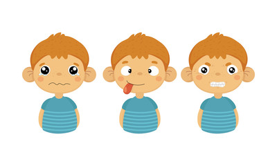 Flat vector set of cute little boy with various facial expressions. Crying kid, tongue out and angry emotion