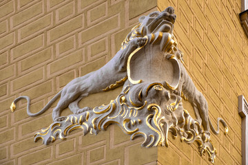 Warsaw, Poland - Symbolic golden lion decoration of the Under the Lion House at the Old Town Market Square in Warsaw