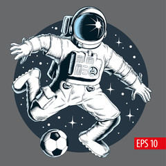 Astronaut playing soccer or football in space. Stars on background. Vector illustration.