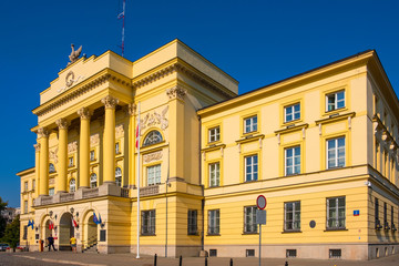Warsaw, Poland - Front view of the Mostowski Palace, historic classicist residence in the Muranow district of Warsaw currently serving as Warsaw metropolitan police headquarters