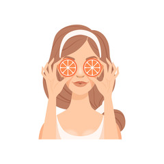 Attractive young woman holding orange slices in front of eyes, girl caring for her face and skin, facial treatment procedure vector Illustration