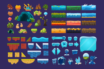 Collection of summer and winter fantasy landscape elements, user interface assets for mobile apps or video games vector Illustration