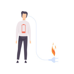 Charging businessman with low battery, emotional burnout concept, stress, headache, depression, psychological problems vector Illustration