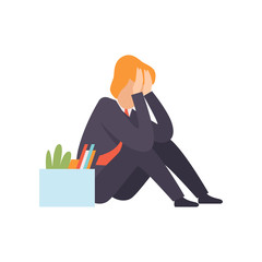 Sad business man dismissed from work, man sitting on the floor with a box of personal belongings, office worker fired from job, unemployed man vector Illustration