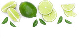 sliced lime vith leaves isolated on white background with copy space for your text. Top view. Flat lay pattern