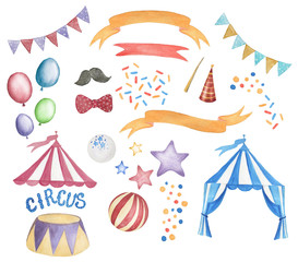 Watercolor painting Amazing Circus Show elements isolated on white
