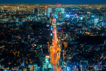 Aerial view of road in Tokyo city, cityscape skyline.