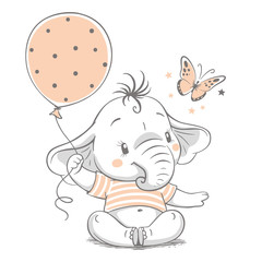 Hand drawn vector illustration of a cute baby elephant with balloon.