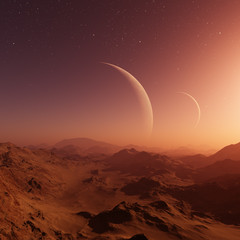 3d rendered Space Art: Alien Planet - A Fantasy Landscape with red skies and stars