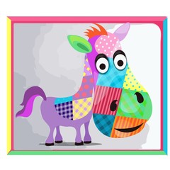 Childrens picture with a picture of a donkey made of colorful patches. Vector cartoon close-up illustration.