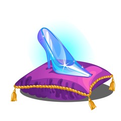 A glass slipper on a purple pillow with tassels isolated on white background. Vector cartoon close-up illustration.