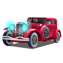 Vintage retro red car isolated on white background. Vector cartoon close-up illustration.