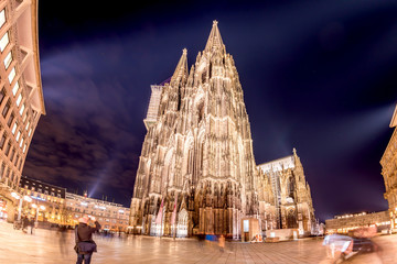 Landmark in Germany, illuminated Cologne Cathedral at night