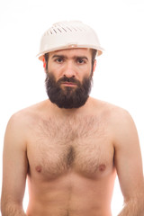 Bearded, funny, young man with a colander on his head, white background, body