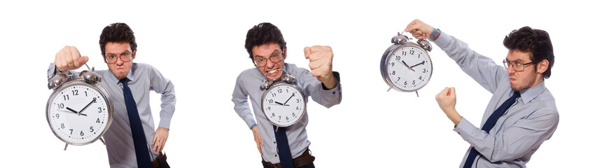 Young businessman with clock isolated on white