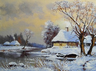 Oil paintings rural landscape.Old village, fine art.
