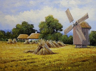 Oil paintings rural landscape.Old village, fine art.