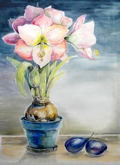 Watercolor paintings still life, flowers in a vase, fine art.