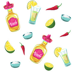 Seamless pattern with tequila, shot, lime. Vector illustration