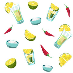 Seamless pattern with tequila, shot, lime. Vector illustration