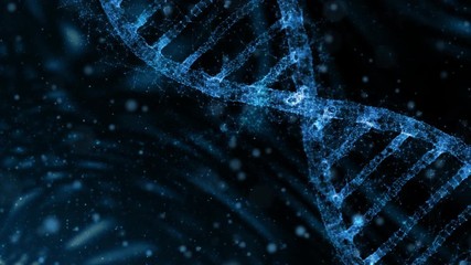 Artistic rotating dna molecule on futuristic dark blue coloured motion background. 