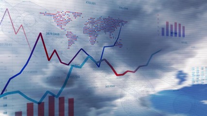 Conceptual 3d financial business chart with diagrams, graphs and stock numbers on clouds time lapse motion background.