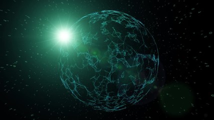 Abstract network cyberspace globe with sunlight reflection and binary numbers data copy space motion background. View from space. Selective focus used. 