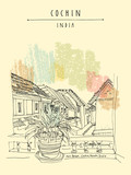 Cochin (Kochi), Kerala, India. Jew Road in Jew Town. Heritage colonial buildings. View of tiled roofs from a window with a plant. Travel sketch, book illustration