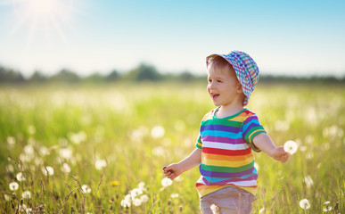 Baby boy standing in grass on the fieald with dandelions