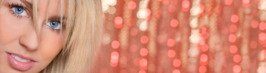 Woman Girl Blue Eyes Bokeh Lights Background Panorama