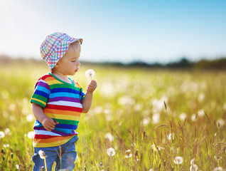 Baby boy standing in grass on the fieald with dandelions