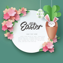 Paper art of Bunny in carrot and Easter eggs with paper flower, Happy Easter celebration concept