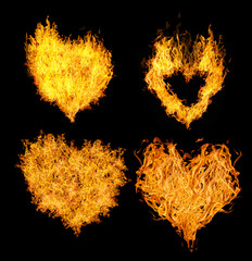 four orange flame hearts isolated on black