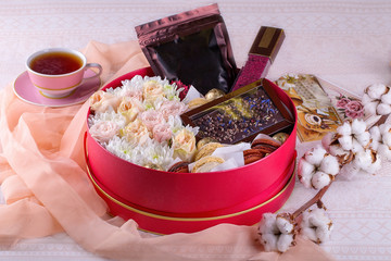 gift set with sweets and flowers