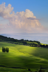 spring farmland and country road;  tuscany countryside rolling hills